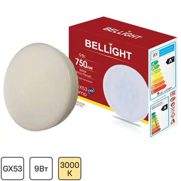 Лампа светодиодная Bellight GX53 220-240 В 9 Вт диск 750 лм теплый белый свет втулка велосипедная quando передняя 32h под диск под эксцентрик белый kt m4nf