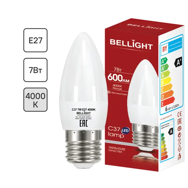 Лампа светодиодная Bellight E27 220-240 В 7 Вт свеча 600 лм нейтральный белый цвет света