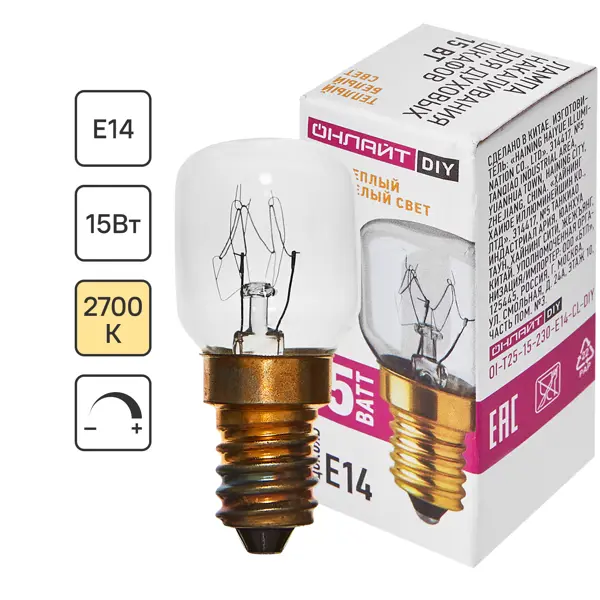 Лампа накаливания Онлайт 363 Е14 240 В 15 Вт цилиндр 70 лм теплый белый цвет света, для диммера