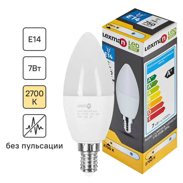 Лампа светодиодная Lexman E14 175-250 В 7 Вт свеча 750 лм нейтральный белый цвет света светодиодная фара дальнего света риф