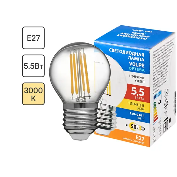 Лампа светодиодная Volpe E27 210-240 В 5.5 Вт шар малый прозрачная 500 лм теплый белый свет