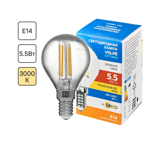 Лампа светодиодная Volpe E14 210-240 В 5.5 Вт шар малый прозрачная 500 лм теплый белый свет