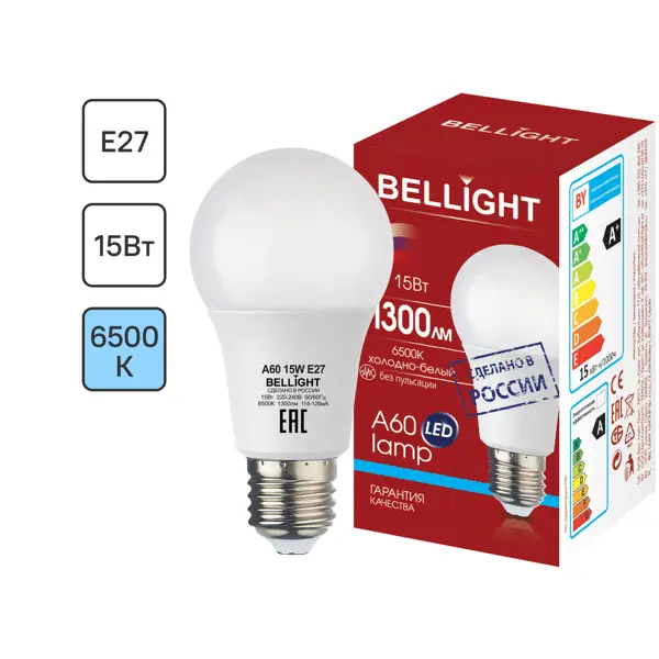 Лампа светодиодная Bellight E27 220-240 В 15 Вт груша 1300 лм холодный белый цвет света лампа светодиодная uniel стандарт e27 170 240 в 8 вт 800 лм холодный белый свет