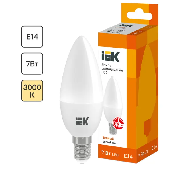 Лампа светодиодная IEK C35 Свеча E14 7 Вт 3000К свет тёплый белый ночник свеча квадрат led 0 5вт от батареек 3хag10 сиреневый 4х4х4 5 см