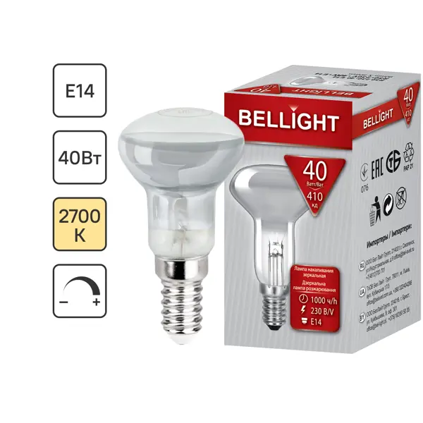 Лампа накаливания Bellight E14 230 В 40 Вт спот 410 лм теплый белый цвет света для диммера