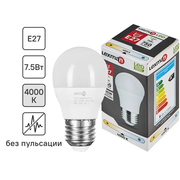 Лампа светодиодная Lexman E27 175-250 В 7.5 Вт груша 750 лм нейтральный белый цвет света светодиодная фара дальнего света риф