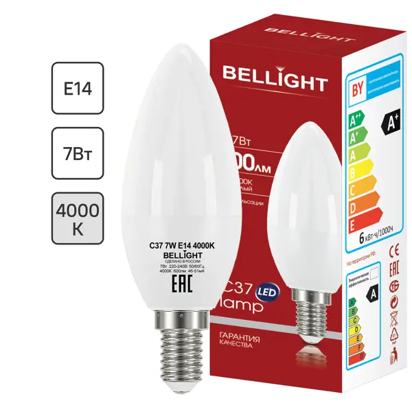 Лампа светодиодная Bellight Е14 7 Вт свеча 600 Лм нейтральный белый свет лампа светодиодная osram е14 4000к свеча нейтральный белый свет 7 вт