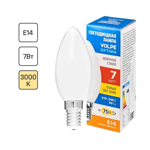 Лампа светодиодная Volpe LEDF E14 220-240 В 7 Вт свеча матовая 750 лм теплый белый свет