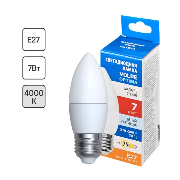 Лампа светодиодная Volpe E27 220-240 В 7 Вт свеча матовая 750 лм нейтральный белый свет лампа светодиодная feron e14 13w 4000k матовая lb 950 38102