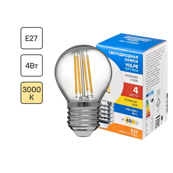 Лампа светодиодная Volpe LEDF E27 220-240 В 4 Вт шар малый прозрачная 400 лм теплый белый свет