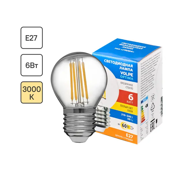 Лампа светодиодная Volpe LEDF E27 220-240 В 6 Вт шар малый прозрачная 600 лм теплый белый свет