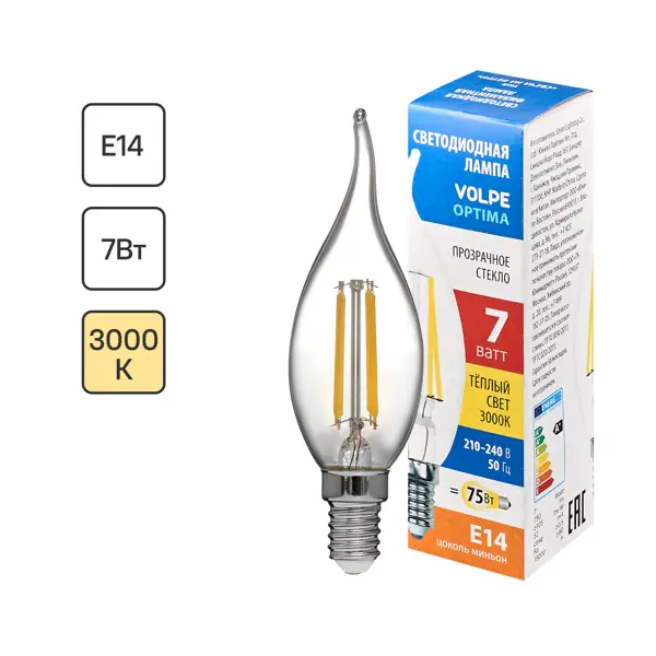 Лампа светодиодная Volpe LEDF E14 220-240 В 7 Вт свеча на ветру прозрачная 750 лм теплый белый свет