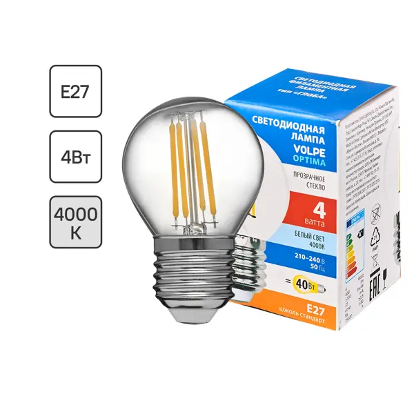 Лампа светодиодная Volpe LEDF E27 220-240 В 4 Вт шар малый прозрачная 400 лм нейтральный белый свет