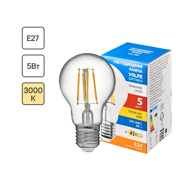 Лампа светодиодная Volpe LEDF E27 220-240 В 5 Вт груша прозрачная 470 лм теплый белый свет