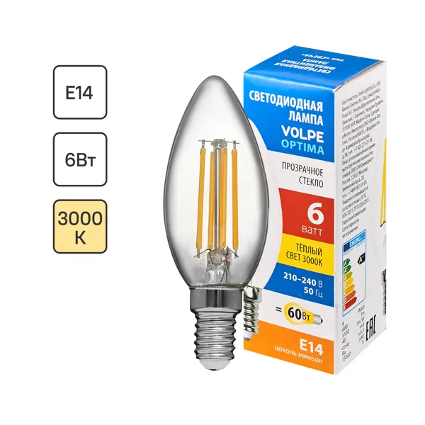 Лампа светодиодная Volpe LEDF E14 220-240 В 6 Вт свеча прозрачная 600 лм теплый белый свет