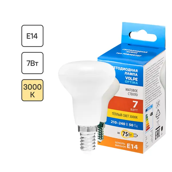 Лампа светодиодная Volpe E14 220-240 В 7 Вт гриб матовая 750 лм, теплый белый свет