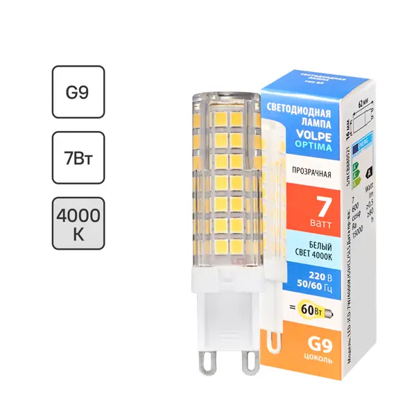 Лампа светодиодная Volpe JCD G9 220-240 В 7 Вт кукуруза прозрачная 600 лм нейтральный белый свет