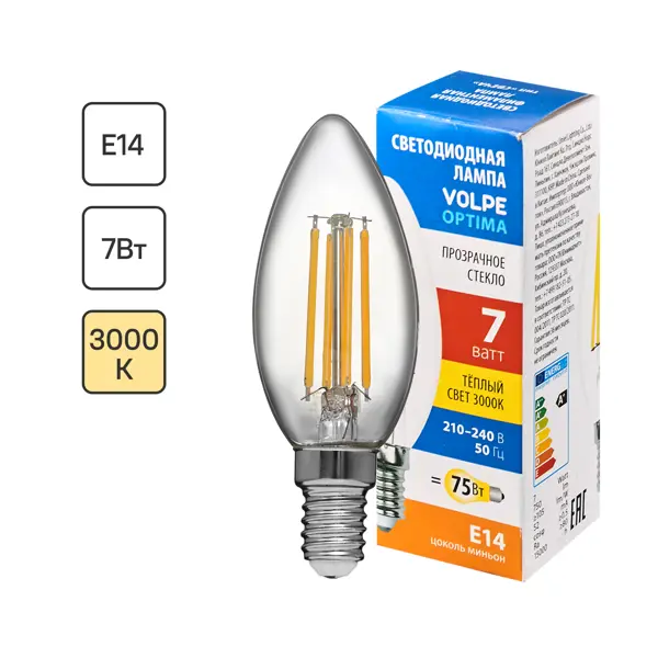 Лампа светодиодная Volpe LEDF E14 220-240 В 7 Вт свеча прозрачная 750 лм теплый белый свет