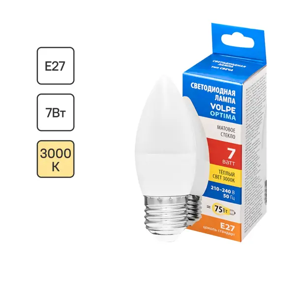 Лампа светодиодная Volpe E27 220-240 В 7 Вт свеча матовая 750 лм теплый белый свет