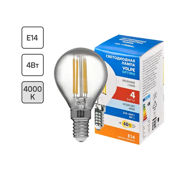 Лампа светодиодная Volpe LEDF E14 220-240 В 4 Вт шар малый прозрачная 400 лм нейтральный белый свет