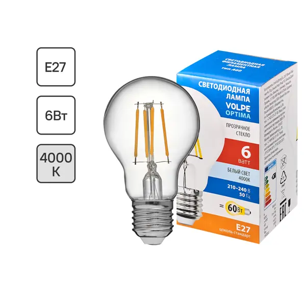 Лампа светодиодная Volpe LEDF E27 220-240 В 6 Вт груша прозрачная 600 лм нейтральный белый свет