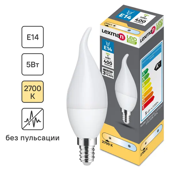 Лампочка светодиодная Lexman свеча витая E14 400 лм теплый белый свет 5 Вт лампочка декоративная st64 дымчатая 8 вт e27 8515 диммируемая теплый белый свет
