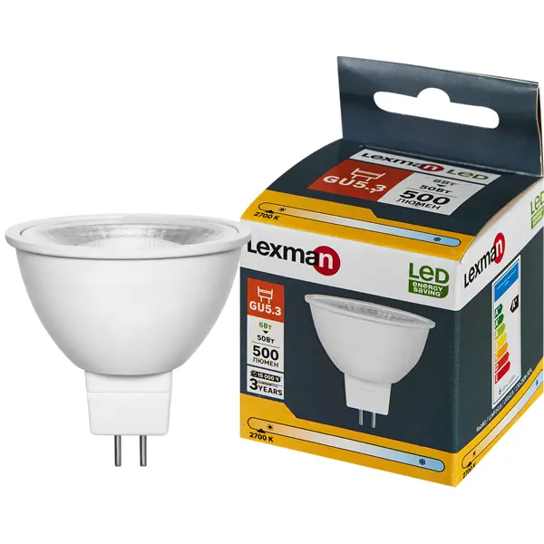 Лампочка светодиодная Lexman софит GU5.3 500 лм теплый белый свет 6 Вт лампочка voltega 7181