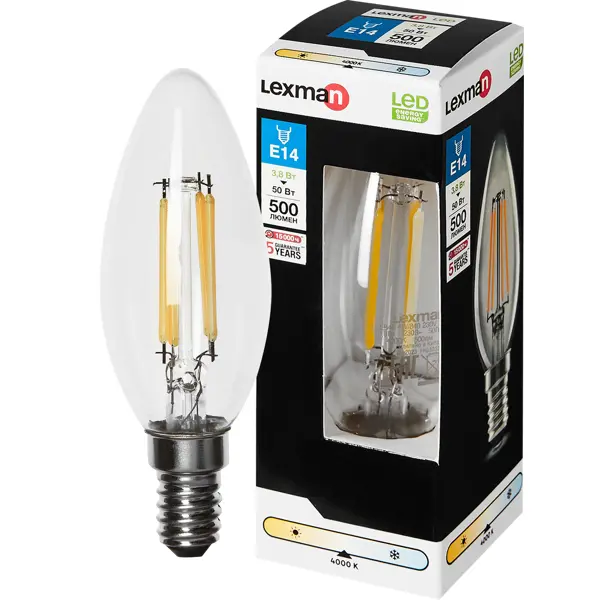 Лампа светодиодная Lexman E14 220-240 В 3.8 Вт свеча прозрачная 500 лм нейтральный белый свет лампочка светодиодная lexman свеча e27 750 лм нейтральный белый свет 7 вт