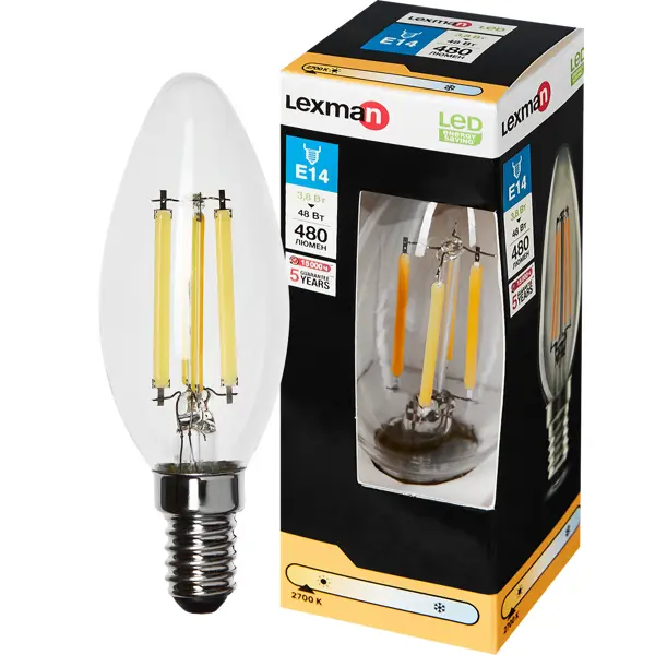 Лампа светодиодная Lexman E14 220-240 В 4 Вт свеча прозрачная 400 лм теплый белый свет лампочка светодиодная lexman свеча e27 750 лм нейтральный белый свет 7 вт