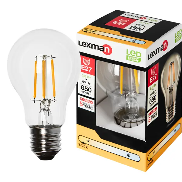 Лампа светодиодная Lexman E27 220-240 В 5 Вт груша прозрачная 600 лм теплый белый свет груша мраморная с комом 2 х летка