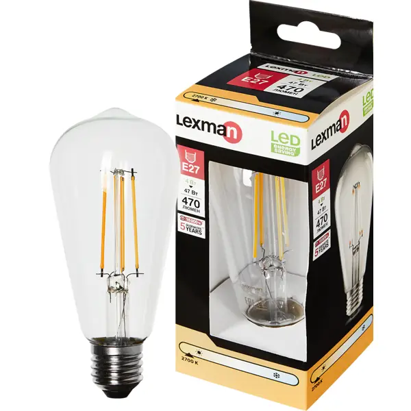 Лампа светодиодная Lexman E27 220-240 В 4 Вт эдисон прозрачная 470 лм теплый белый свет лампочка декоративная st64 дымчатая эдисон 7 вт e27 8513