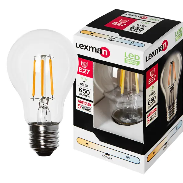 Лампа светодиодная Lexman E27 220-240 В 5 Вт груша прозрачная 600 лм нейтральный белый свет лампочка светодиодная lexman груша e27 3000 лм нейтральный белый свет 24 вт