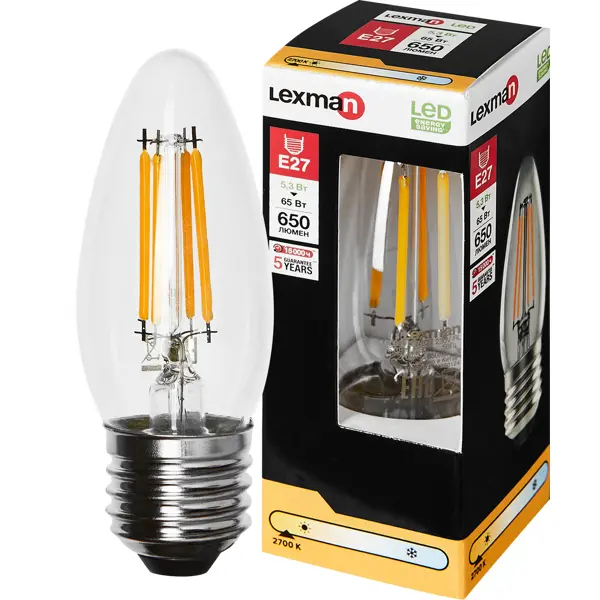 Лампа светодиодная Lexman E27 220-240 В 5 Вт свеча прозрачная 600 лм теплый белый свет свеча чайная белый 10 шт