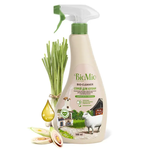 Чистящий спрей для кухни BioMio лемонграсс 0.5 л средство чистящее для кухни cillit bang природная сила с содой 450 мл